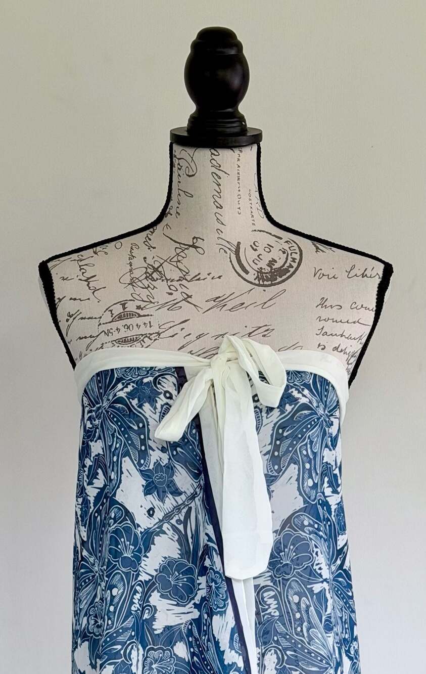 Blue and White Floral  Dragonfly Patterned Sarong Cover-Up Dress